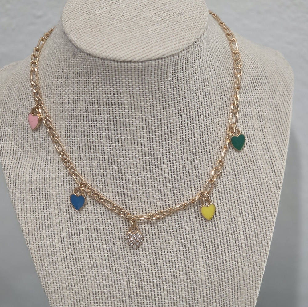 Colorful Hearts Gold Charm Necklace - Picture 3 of 5